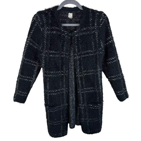 A. Moon Black White Checkered Long Sleeve Fuzzy Cardigan Pockets Size S - Picture 1 of 7